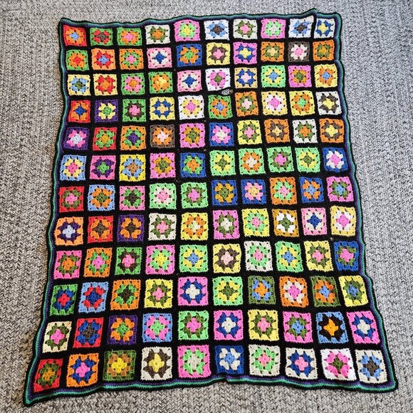 Handmade Other - Afghan Granny Square Vintage Colorful Handmade Crocheted Blanket Boho Wool 60x48